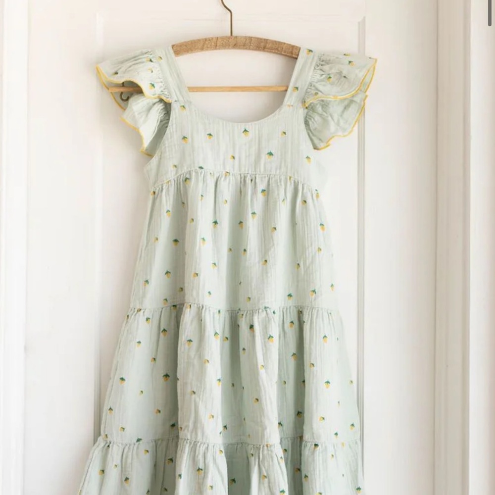 Fin & Vince Light Green Lemon Print Tiered Midi Dress with Ruffled Sleeves